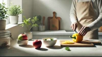 Hilyah.id-minimalist-kitchen-scene-promoting-healthy-eating.-The-countertop-has-a-single-bowl-with-a-couple-of-fresh-fruits-like-an-apple-and-a-banana.-There.webp