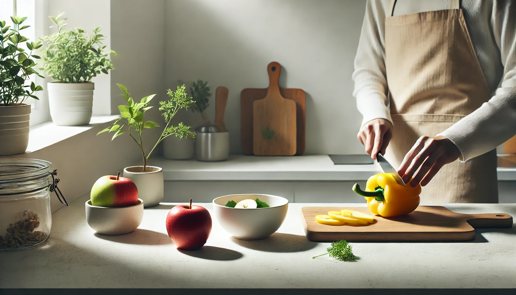 Hilyah.id-minimalist-kitchen-scene-promoting-healthy-eating.-The-countertop-has-a-single-bowl-with-a-couple-of-fresh-fruits-like-an-apple-and-a-banana.-There.webp